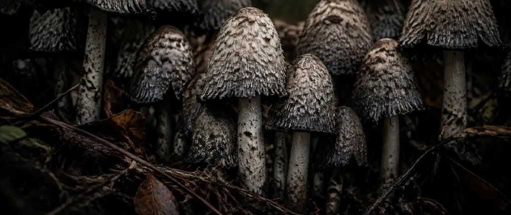 Cinematic Macro Shaggy Ink Cap Mushrooms