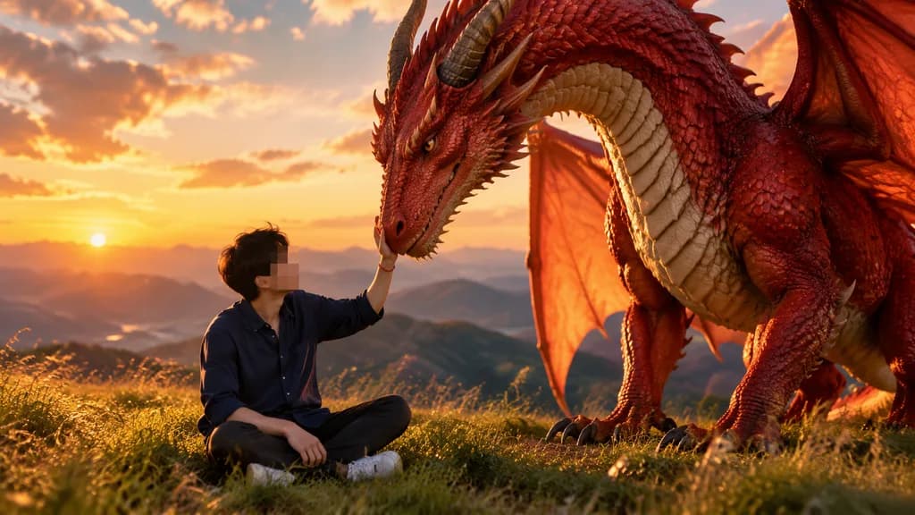 Man Bonding With Dragon at Sunset