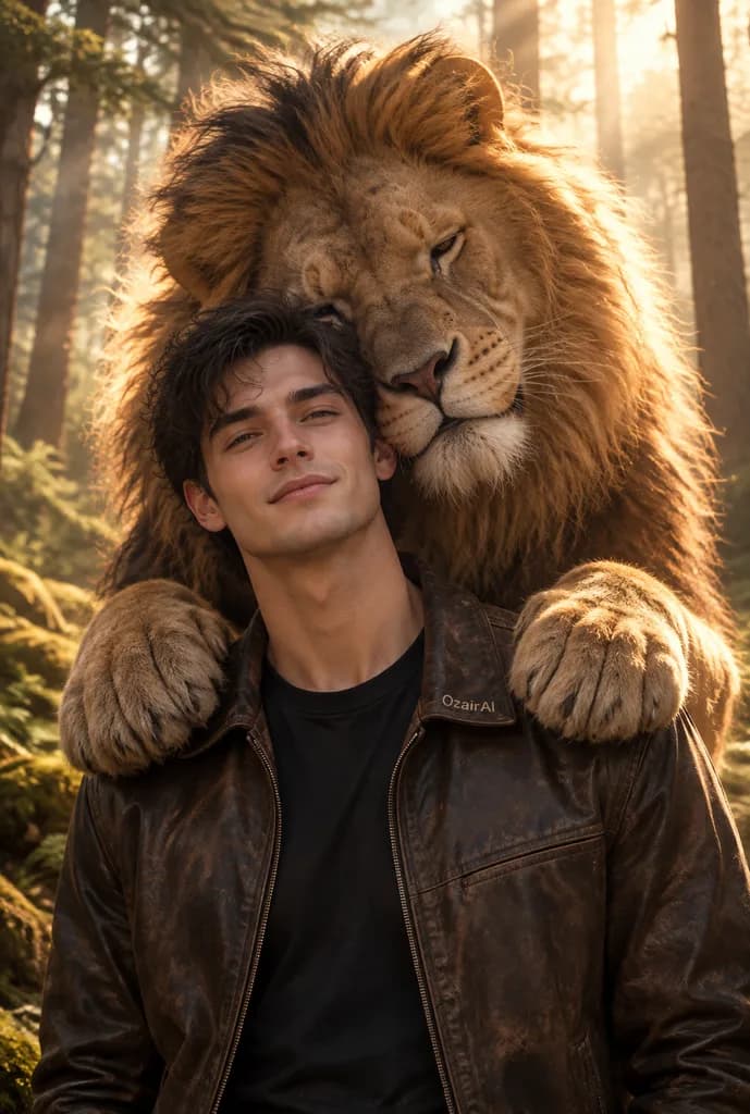 Man Embraced by a Forest Lion