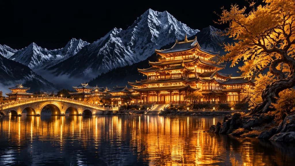 山上の湖に映る金色の東アジア寺院