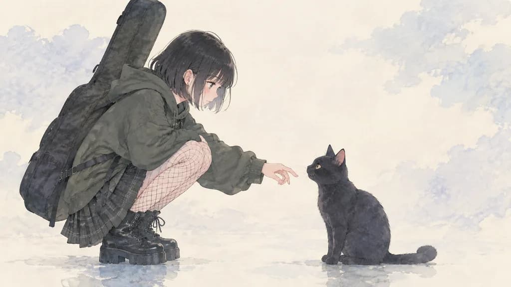 猫に手を伸ばすミニマルなアニメ少女