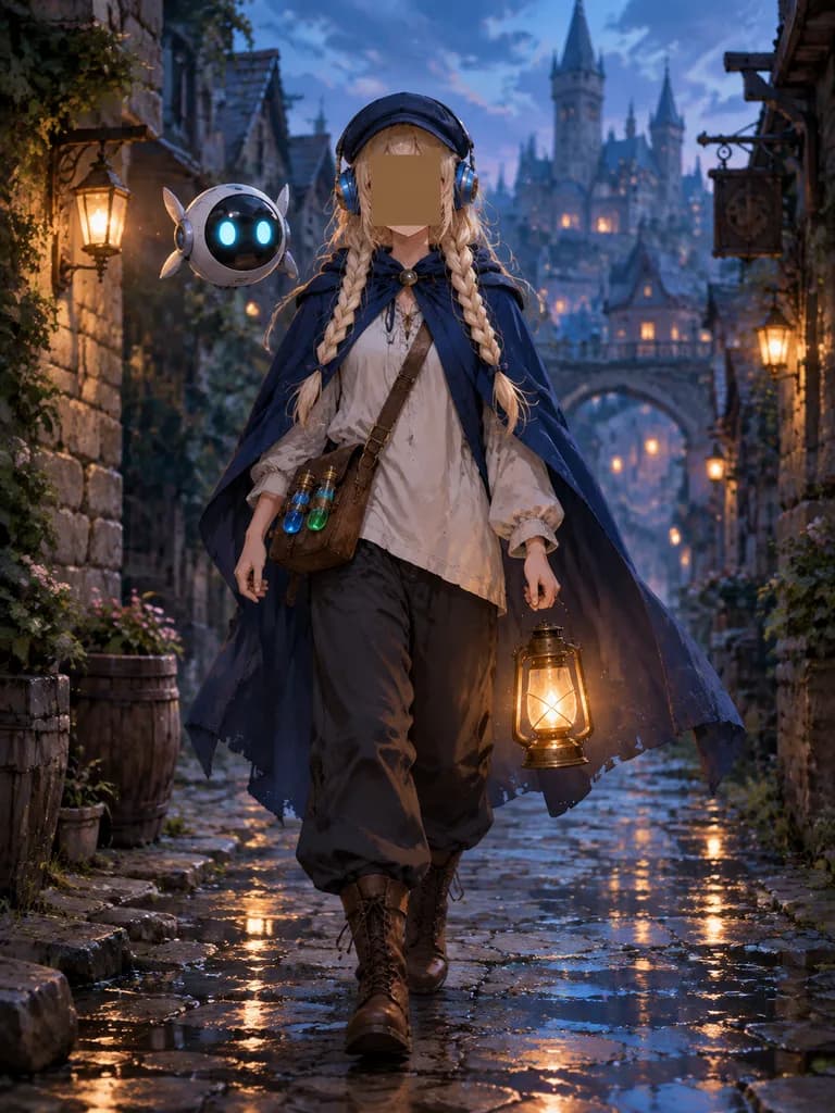 雨後中世紀巷弄中的旅行動漫鍊金術士