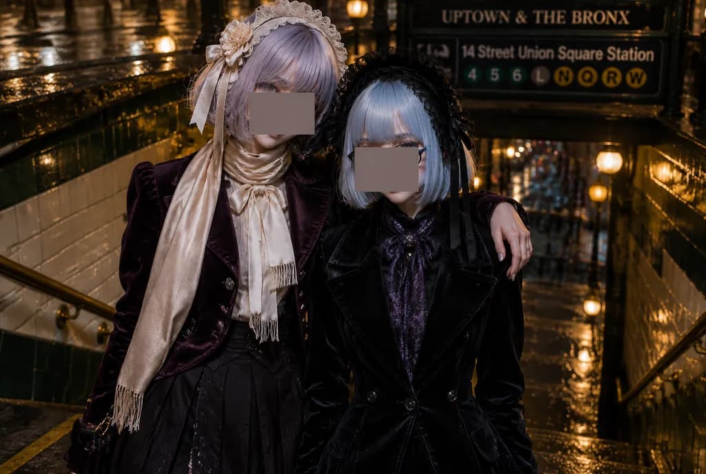 Gothic Lolita Duo in Rainy Subway