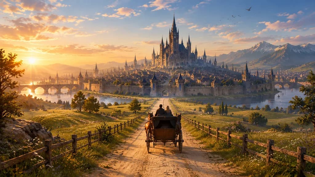 Travelers Approaching a Fantasy Walled Capital