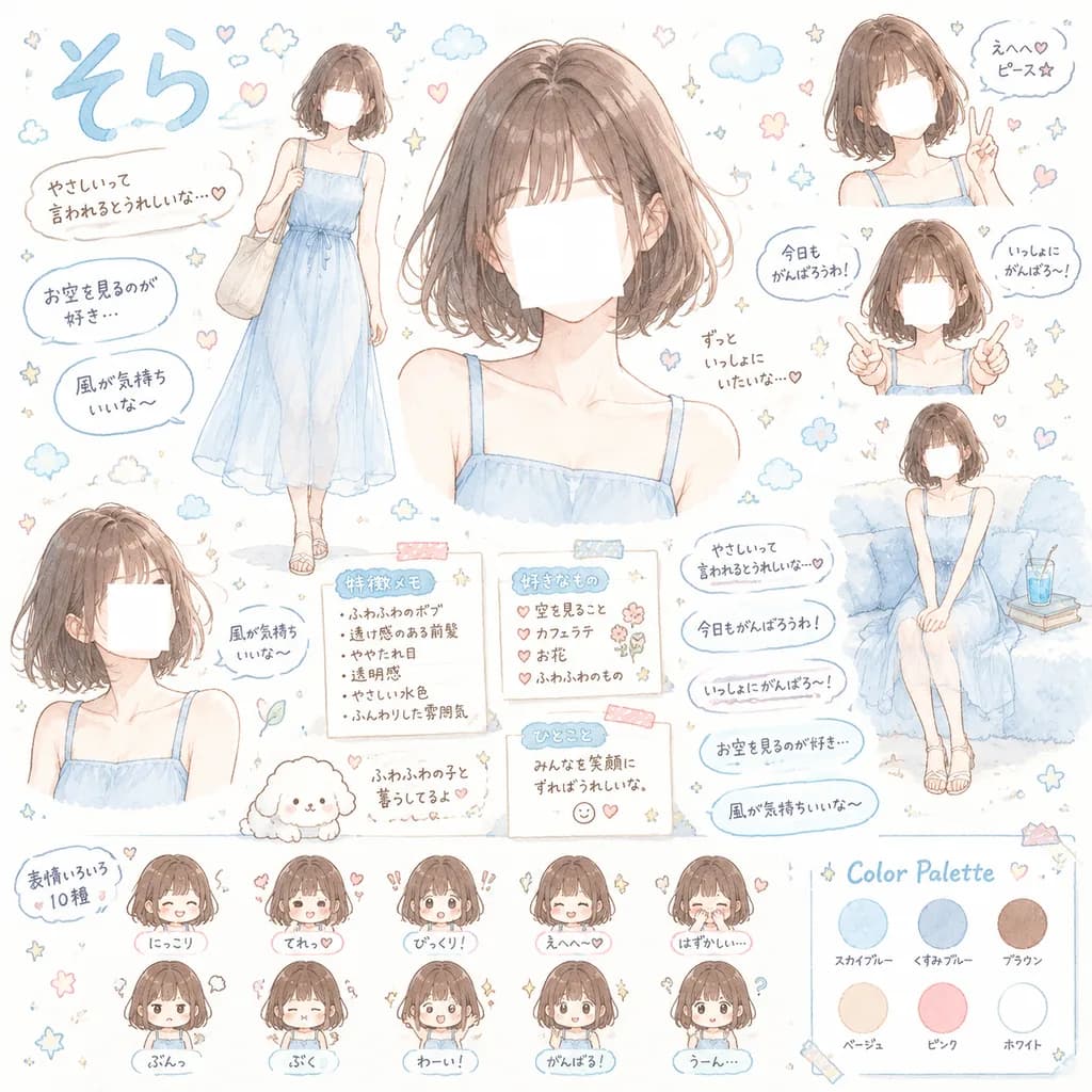 Pastel Watercolor Anime Character Reference Sheet