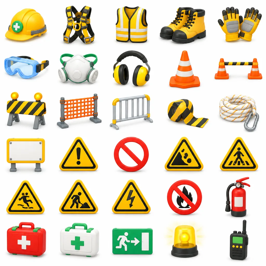 Glossy 3D Construction Safety Icon Set