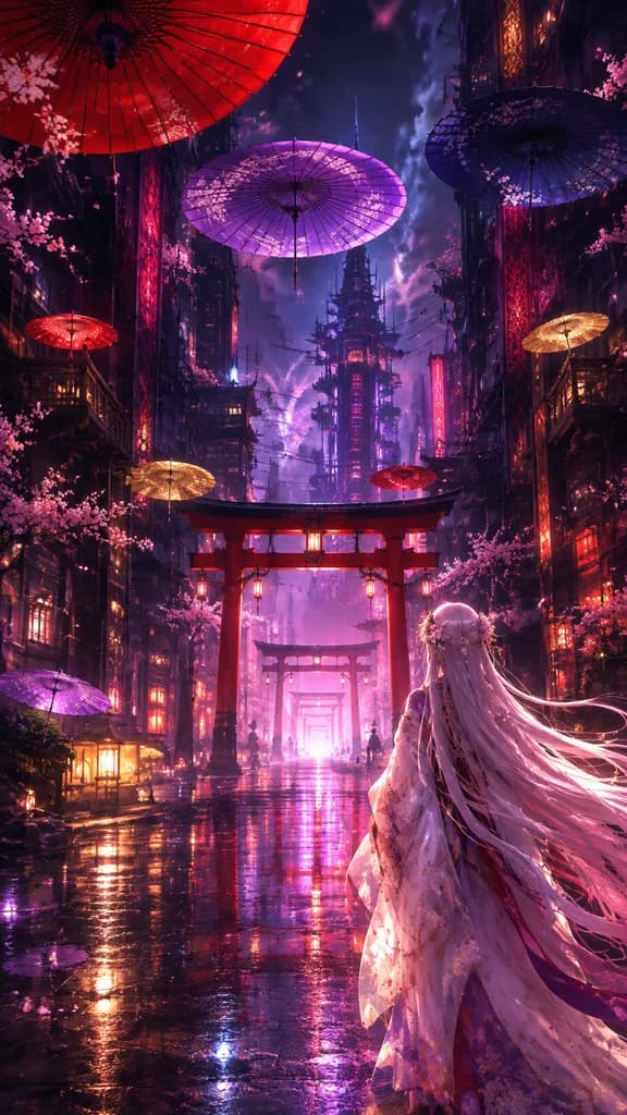 Cyberpunk Kyoto Floating Parasol Alley