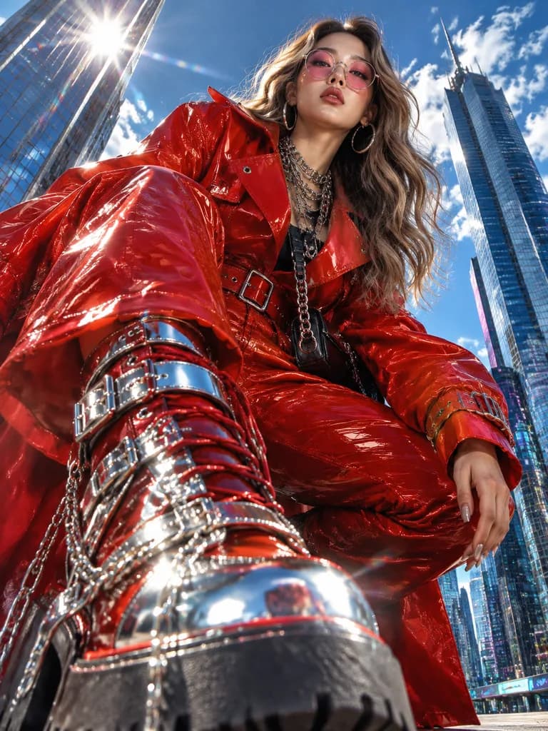 Low-Angle Red Patent Fashion Editorial