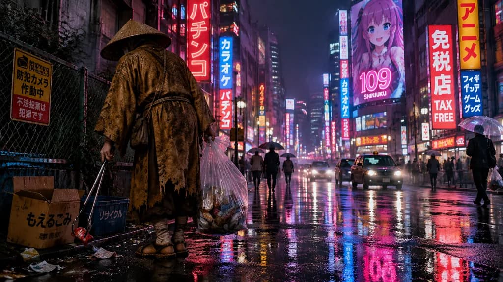 ネオン街を清掃する東京の苦行僧