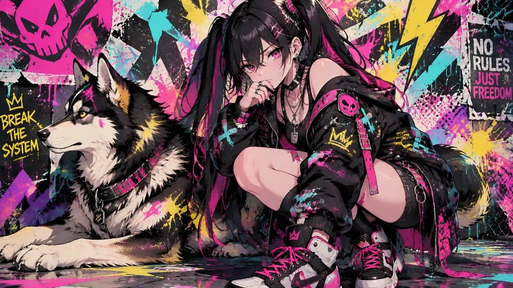 Ragazza Anime Punk Neon con Husky