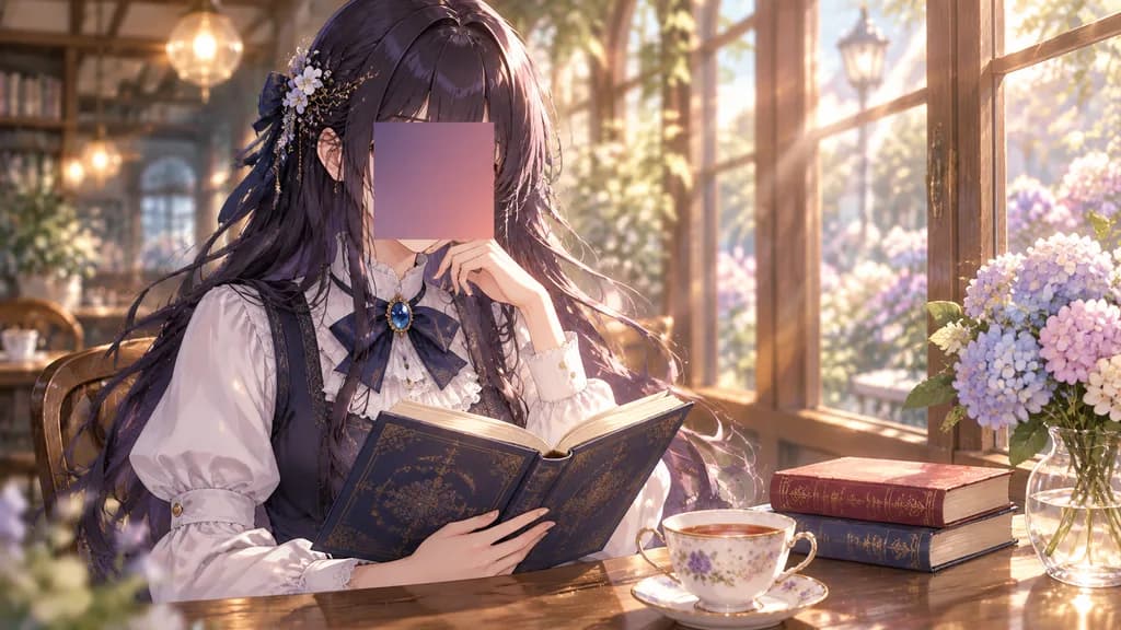 陽光が差すカフェで読書する顔隠しアニメ少女