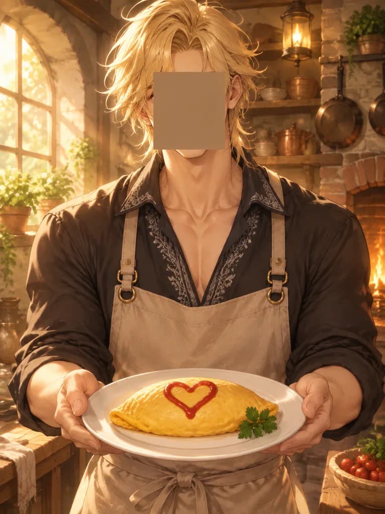 オムライスを差し出すファンタジーアニメシェフ