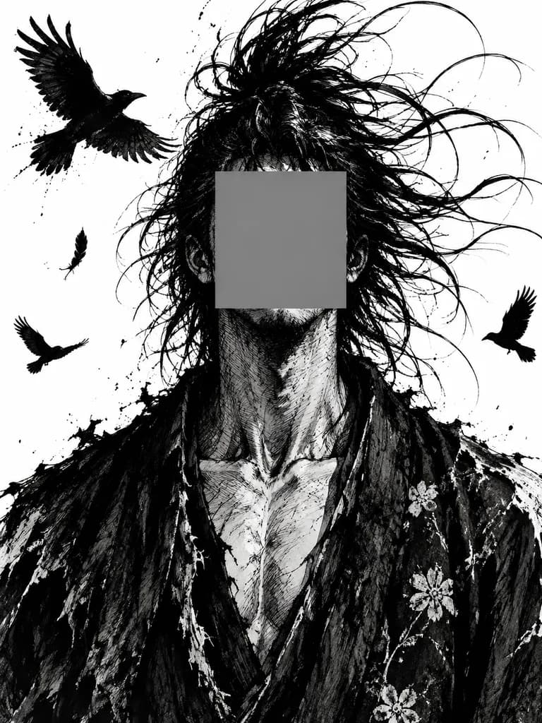 水墨画風の白黒侍マンガポートレート