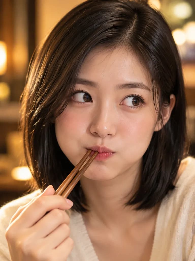 手拿筷子的俏皮女性特写肖像