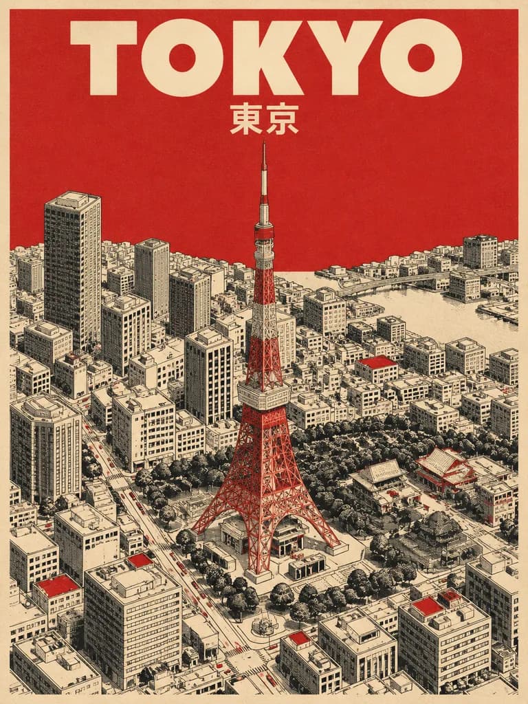 โปสเตอร์ท่องเที่ยวเมืองไอโซเมตริกสไตล์มิดเซนจูรี