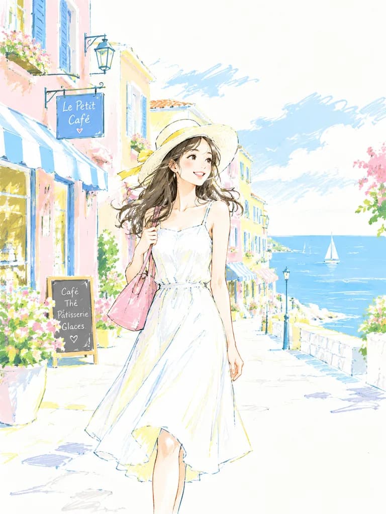 パステルスケッチ風アニメ旅行シーン