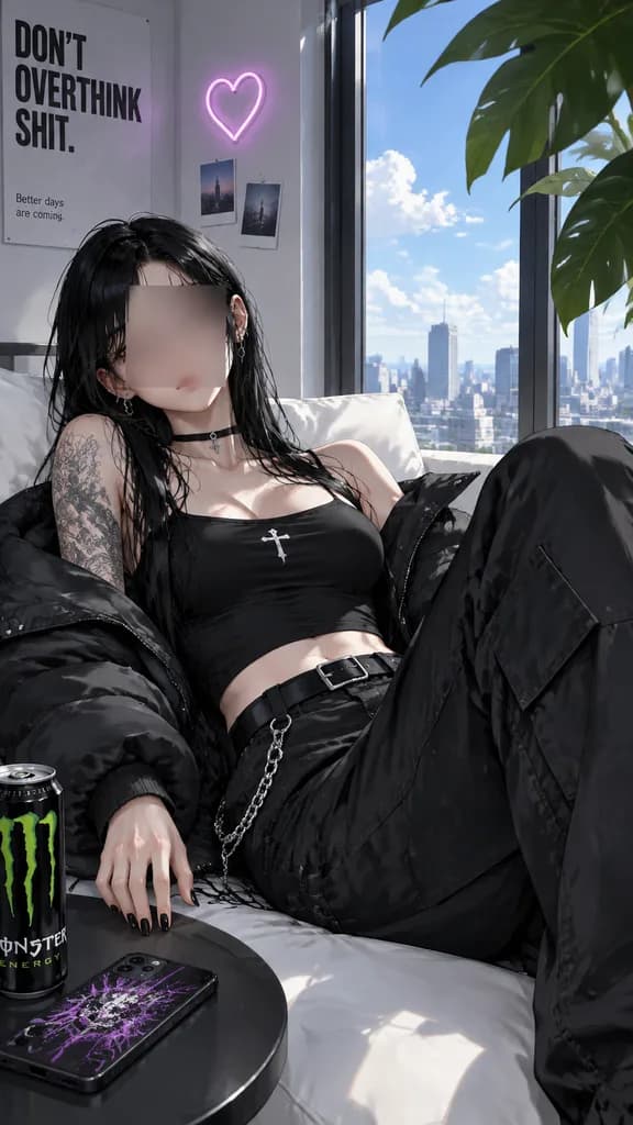 Sunlit Goth Girl in High-Rise Apartment