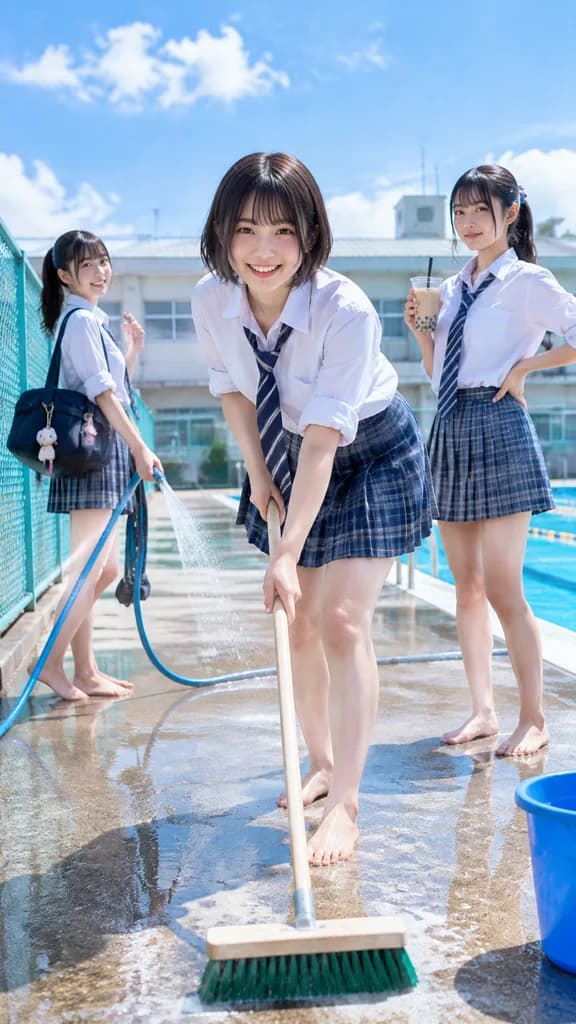日本高中女生夏日泳池大扫除