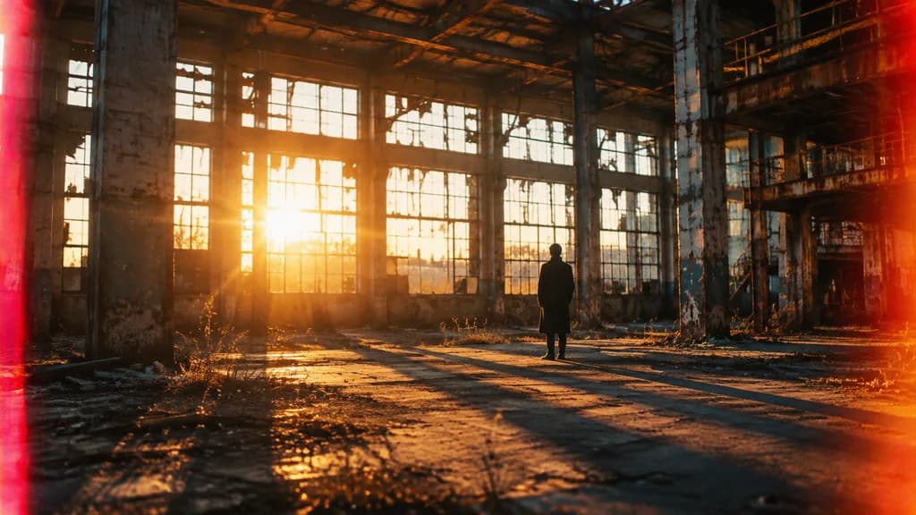 Lone Figure in Decaying Warehouse