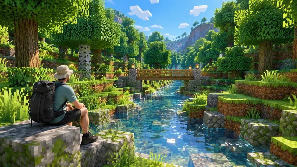 Senderista Real en Bosque Vóxel de Minecraft