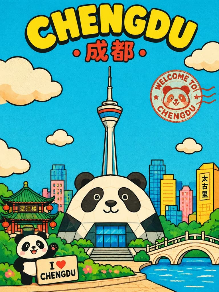 レトロ漫画風 成都トラベルポスター