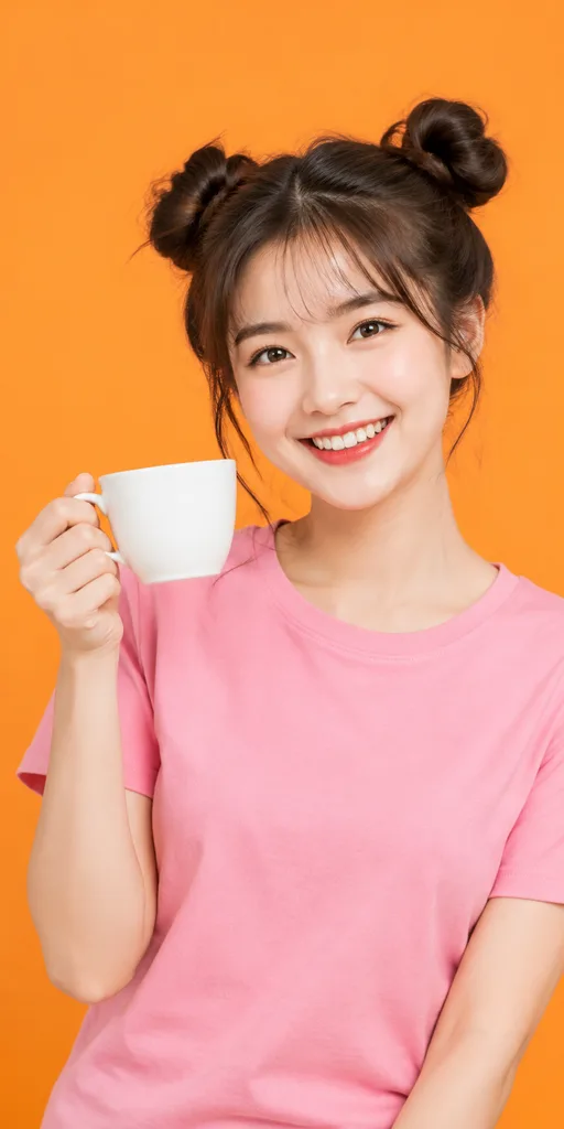 手拿咖啡的微笑女子棚拍肖像
