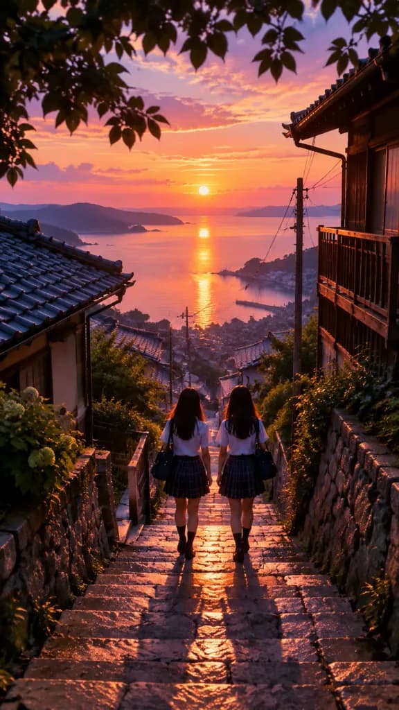 黃昏海濱石階上的放學少女