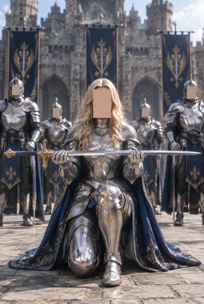 Kneeling Knight in Castle Courtyard