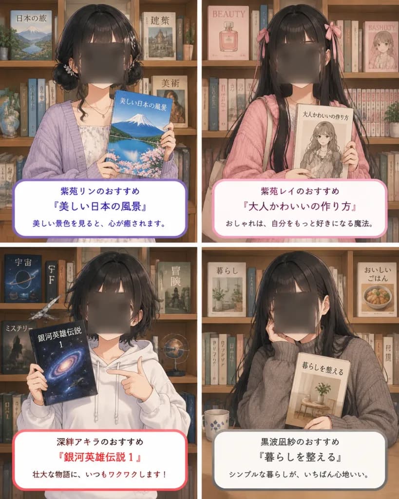 本棚とアニメ少女の4分割おすすめ本コラージュ