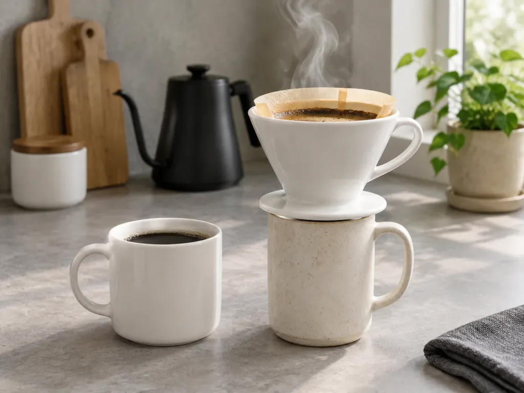 コンクリートカウンターの朝のハンドドリップコーヒー