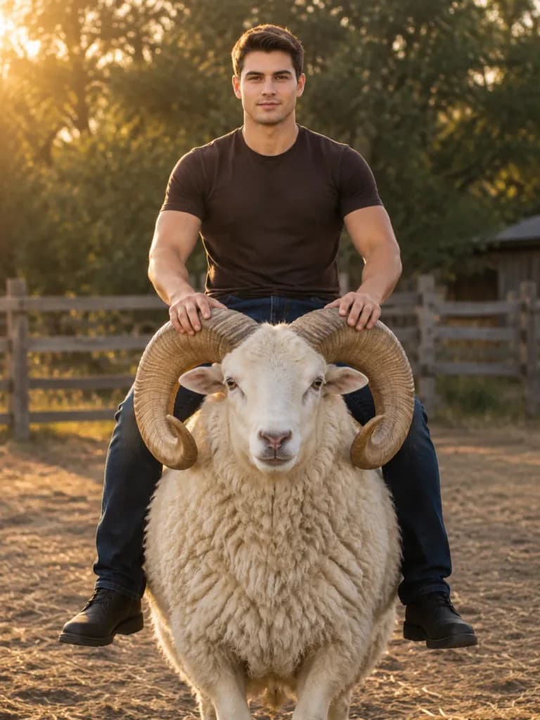 雄羊にまたがる男のポートレート
