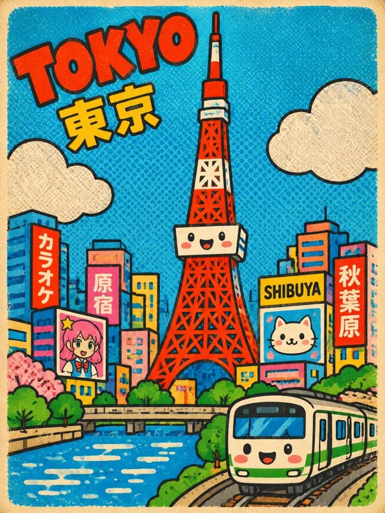 Retro Kawaii Tokyo Cartoon Poster