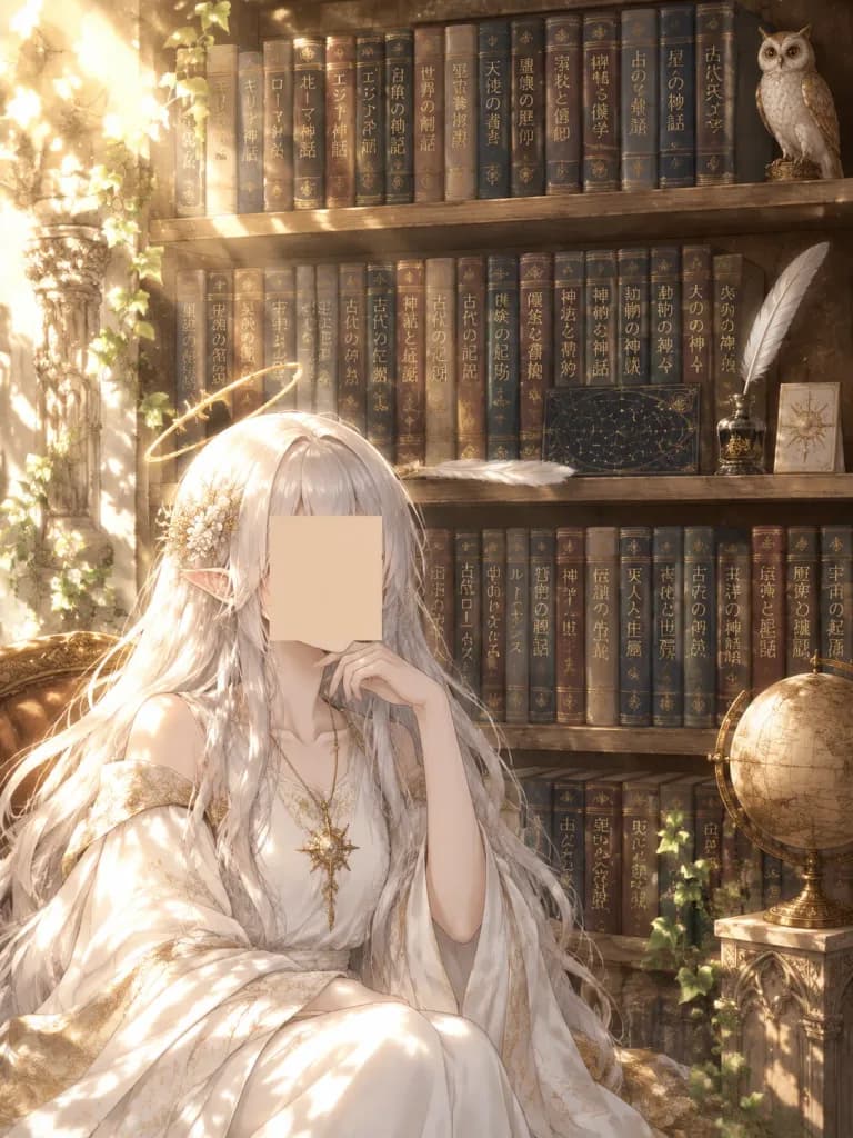 Faceless Elf Angel Scholar in Library