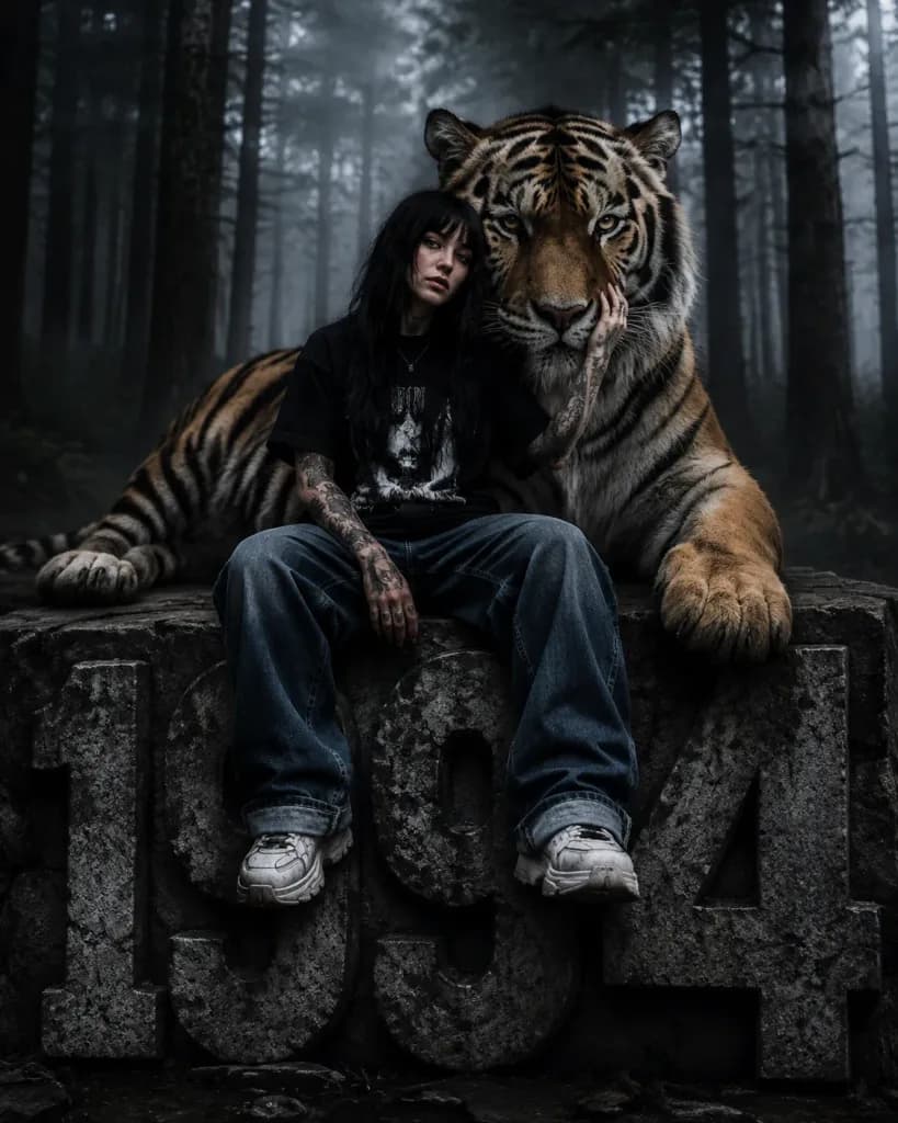 Alternative Girl with Tiger in Mist