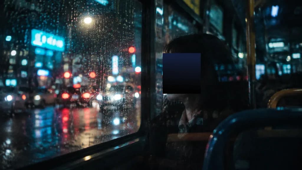 Censored Passenger by Rainy Night Bus Window