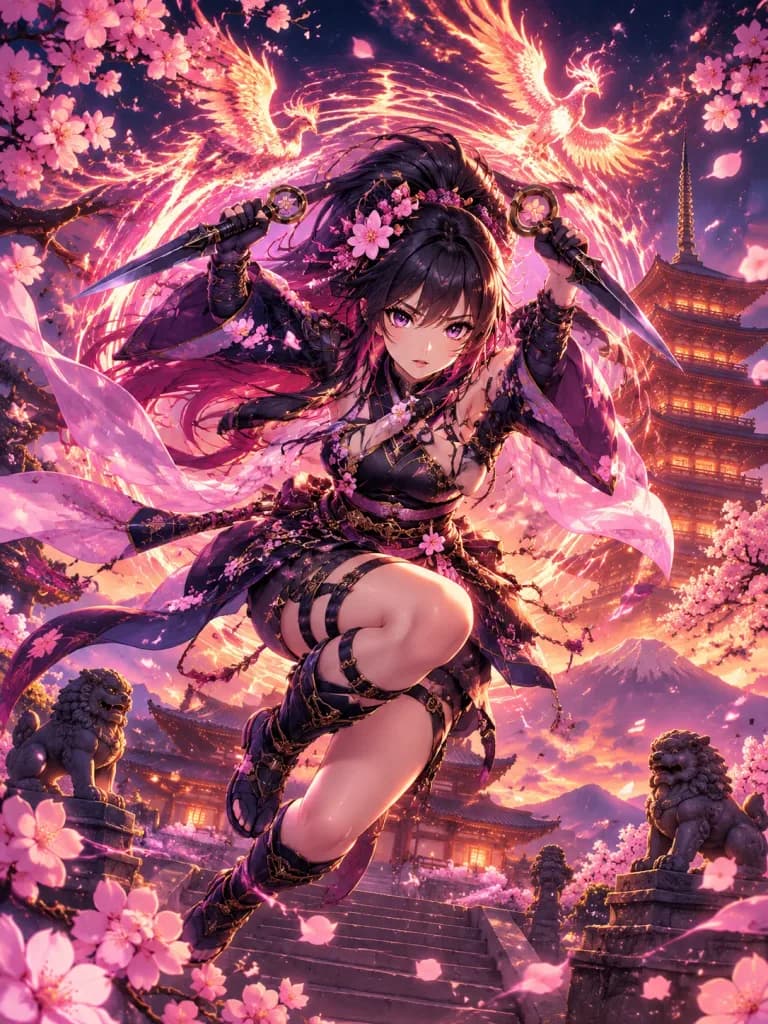 暮色寺廟前躍起的櫻花女忍