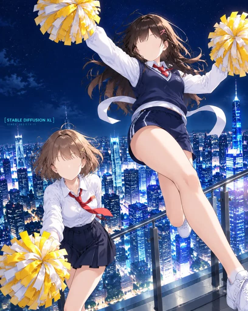 Líderes de torcida em anime sobre o horizonte urbano
