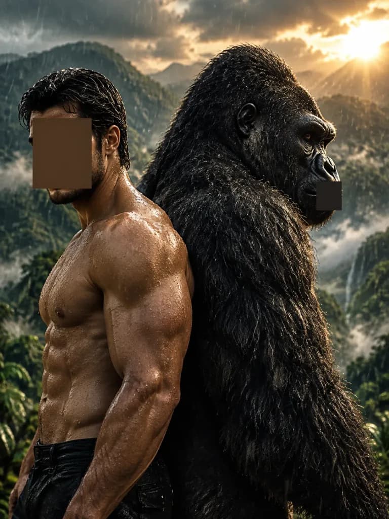 Man and Gorilla in Rainy Jungle