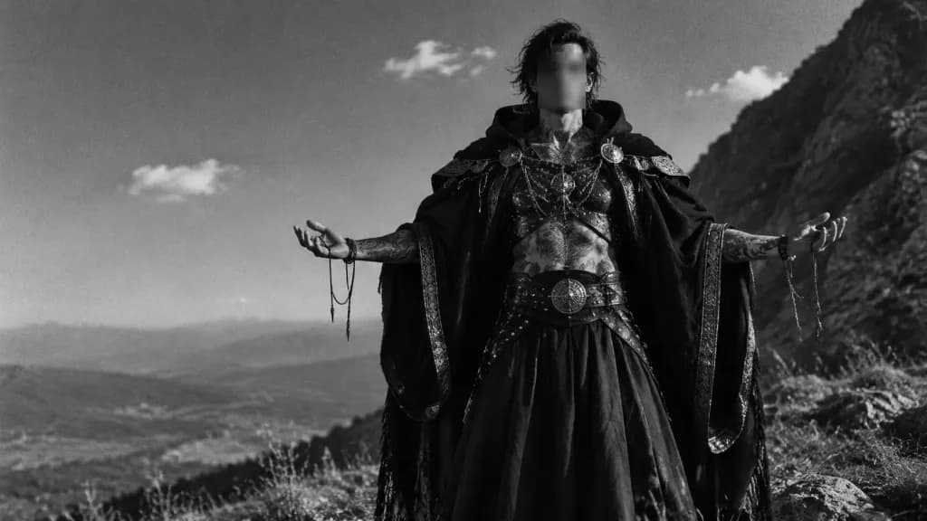 Monochrome Ritual Warrior on Mountain Ridge