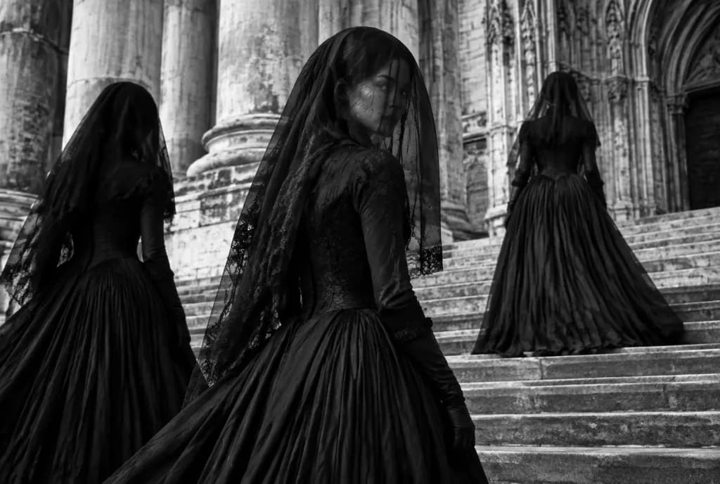 Veiled Gothic Mourners on Cathedral Steps