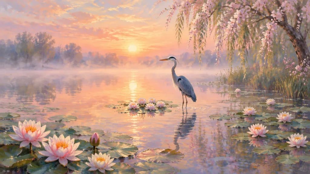 Impressionist Sunrise Heron and Lily Pond