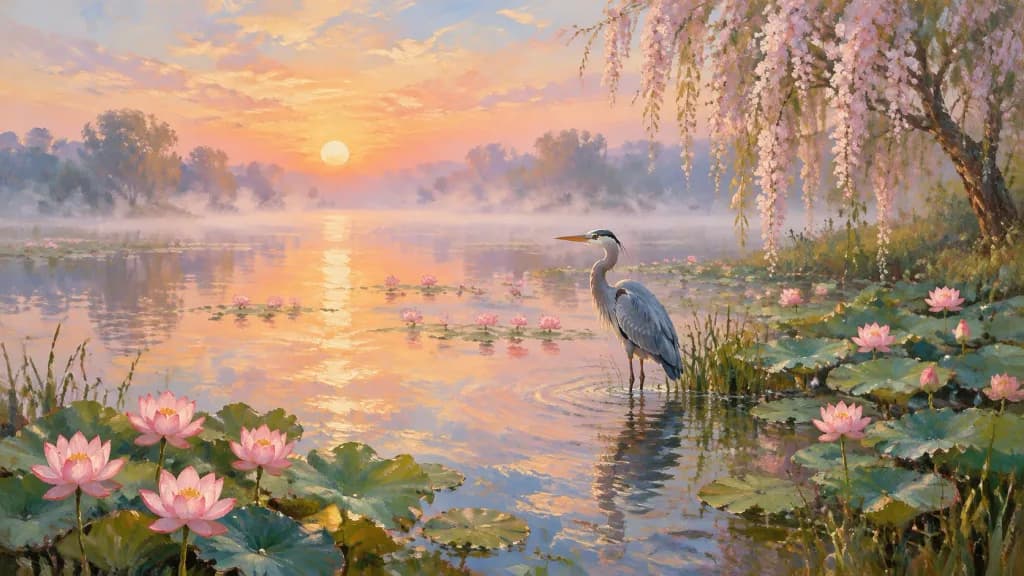 Impressionist Heron in Misty Sunrise Pond