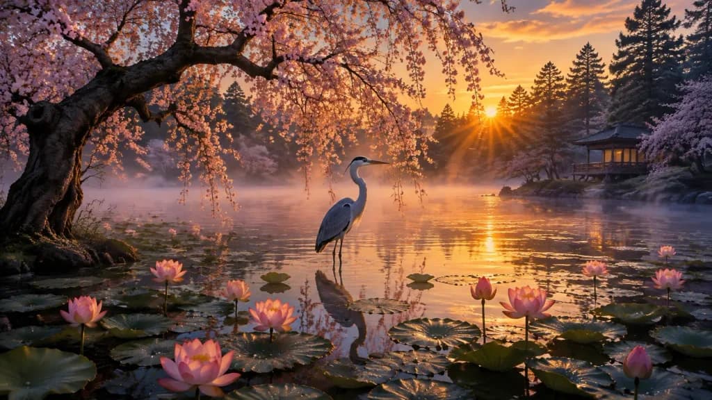 Misty Sunrise Lotus Pond with Heron