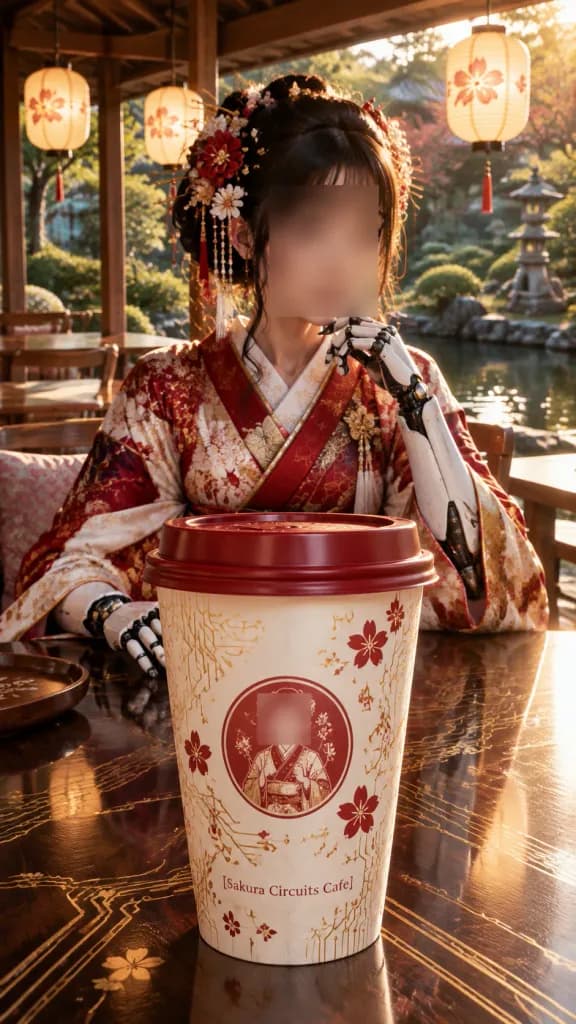 庭園カフェのサイバー着物女性