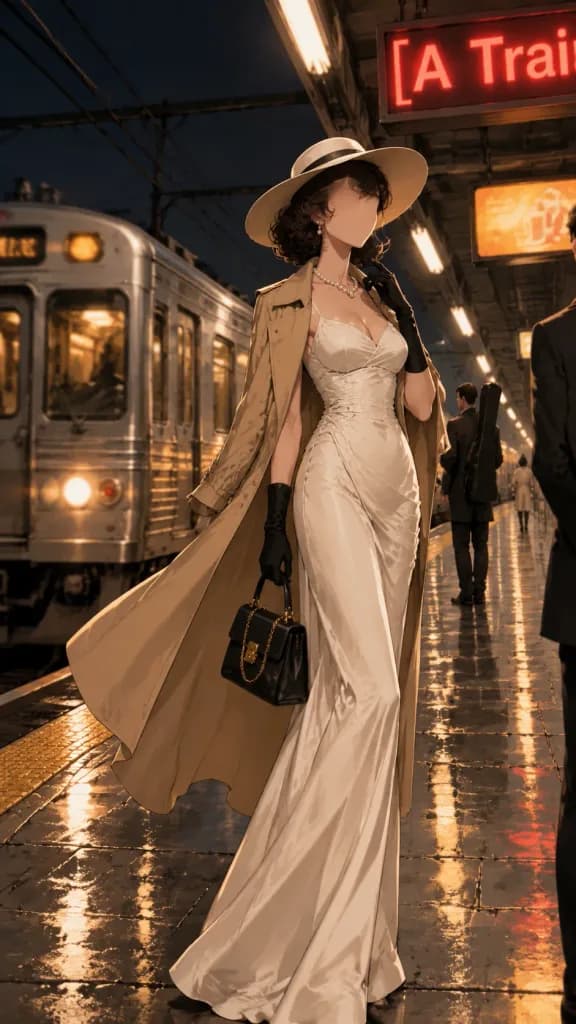 Glamorous Woman on Nocturnal Train Platform