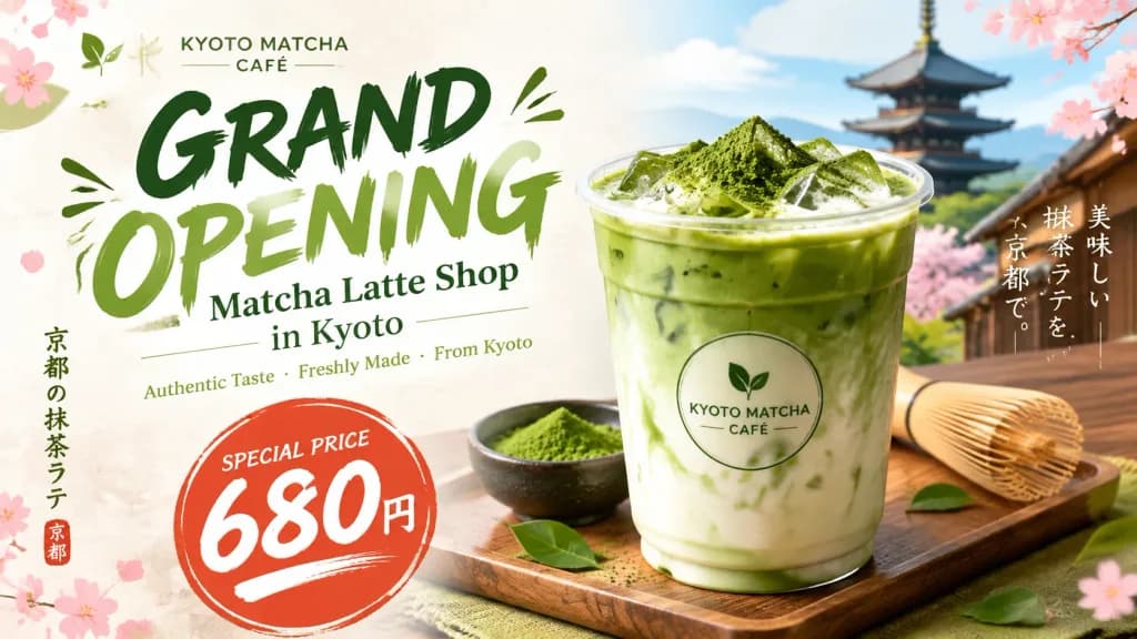 Eröffnungsbanner für Matcha-Latte-Shop