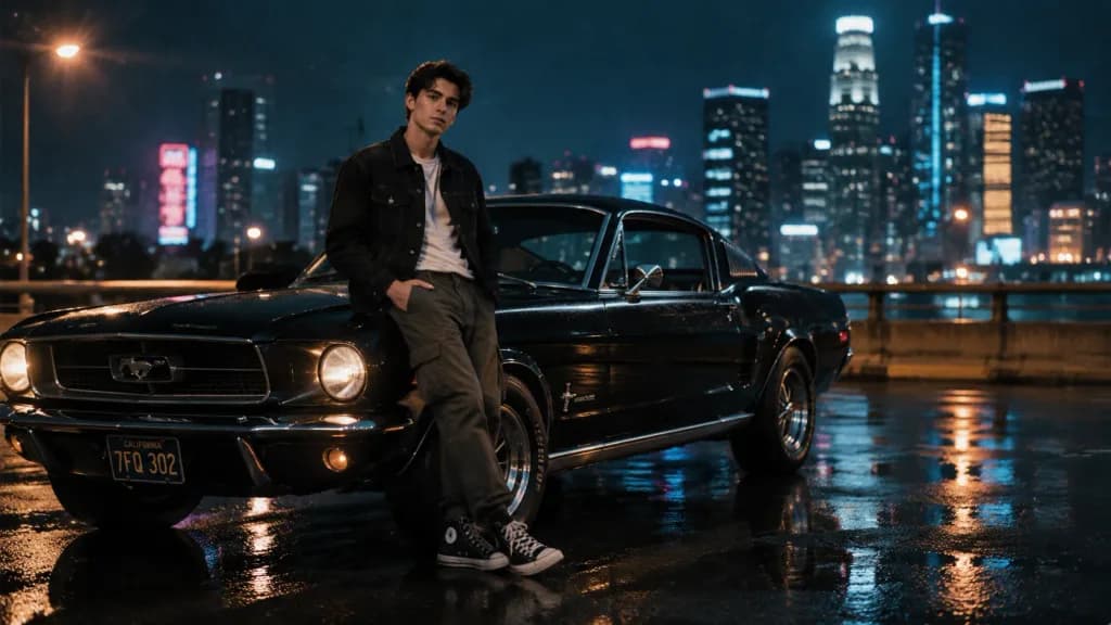 Potret Sinematik Malam dengan Mustang Klasik