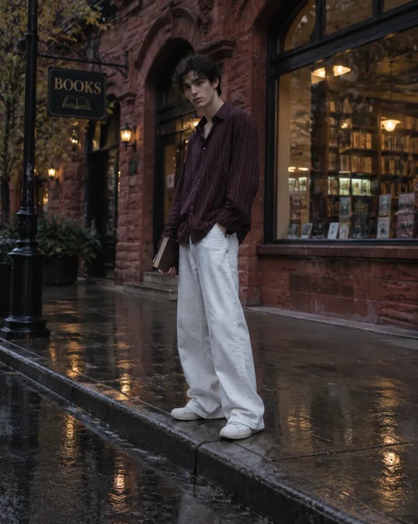 雨の日の書店前ストリートポートレート