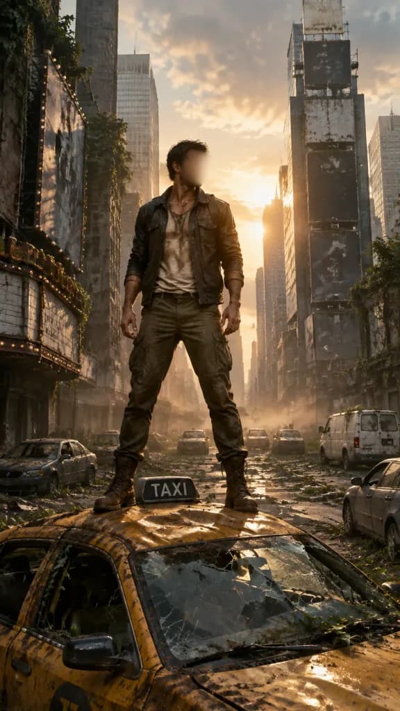 Post-Apocalyptic Survivor on Ruined Taxi
