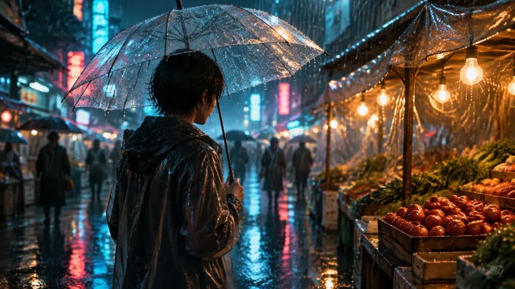 Cyberpunk Rain Market with Clear Umbrella